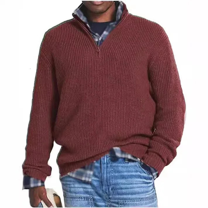Autumn Winter Mens Half Zipper Knit Pullovers Solid Mock Neck Casual Knitted Sweater Men Long Sleeve Loose knitwear Plus Size 241213Z