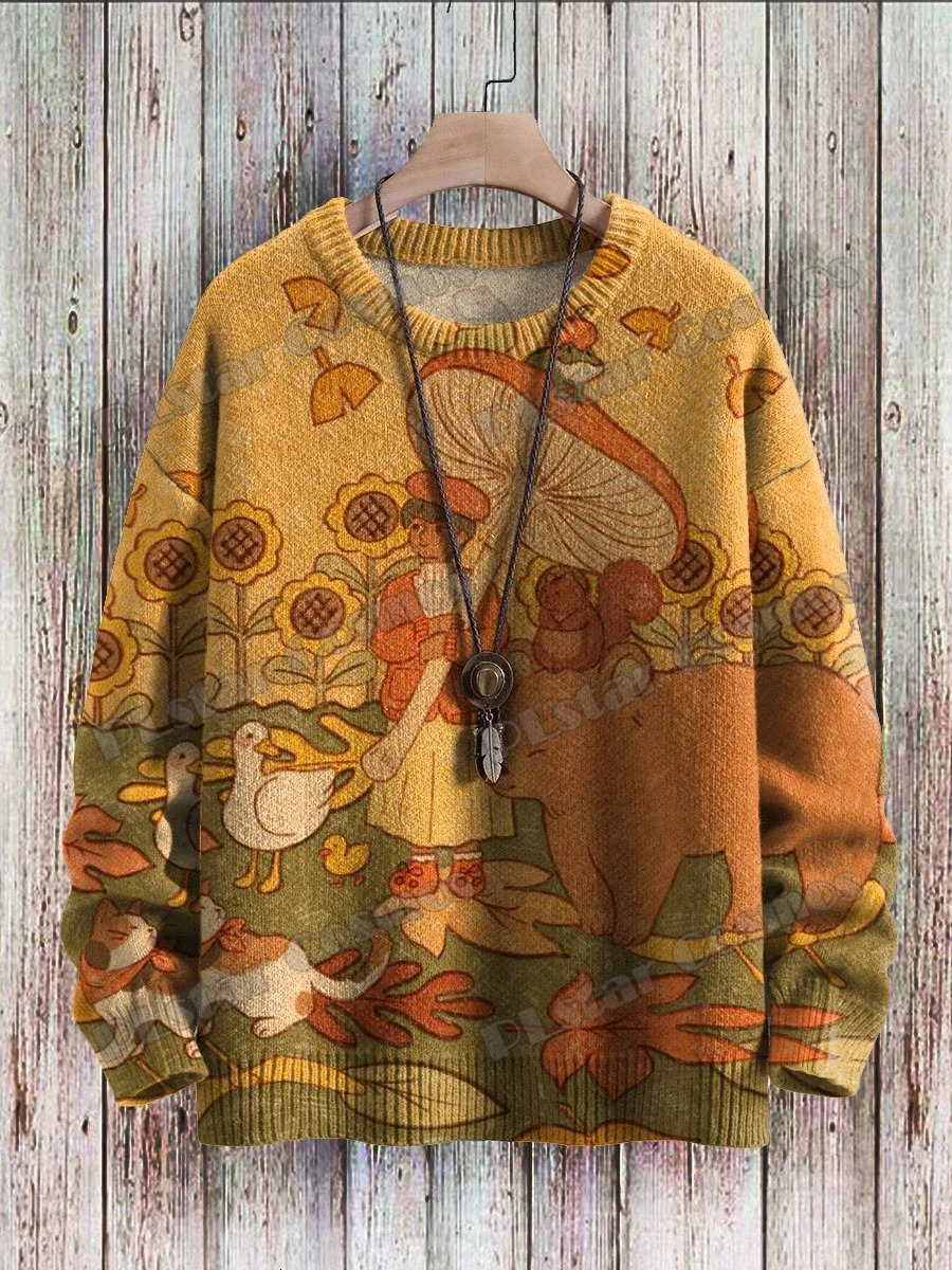 2024 Funny Animals Sunflower Mushroom Art Pattern 3D Printed Mens Knitted Pullover Winter Unisex Casual Knit Sweater 241213Z