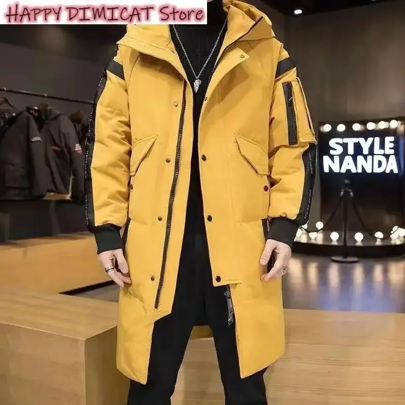 White Duck Down Jacket Mens Parkes Hoodie Over the Knee Coat Thickened Medium Length Claw Chain Button Winter 241212Z