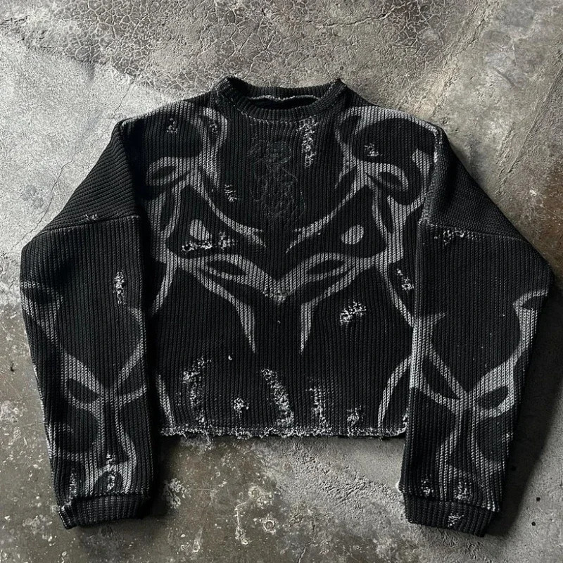 Y2K Harajuku round neck handle retro striped n fashionable mens sweater American style street lace Gothic womens 241213Z