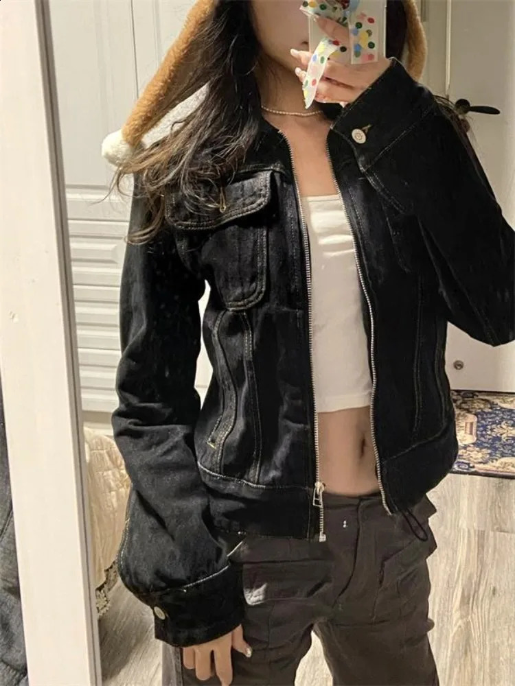 Zipper Jeans Solid Coats Streetwear Fashion All Match Ins Chaquetas Mujer Women Turn Down Collar Punk Vintage Denim Jackets 241213