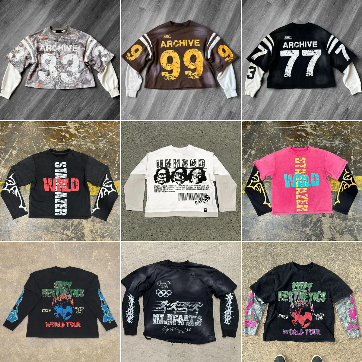 T-shirt à manches longues à manches longues Streetwear Harajuku Numéro rétro graphique T-shirt surdimensionné des hommes