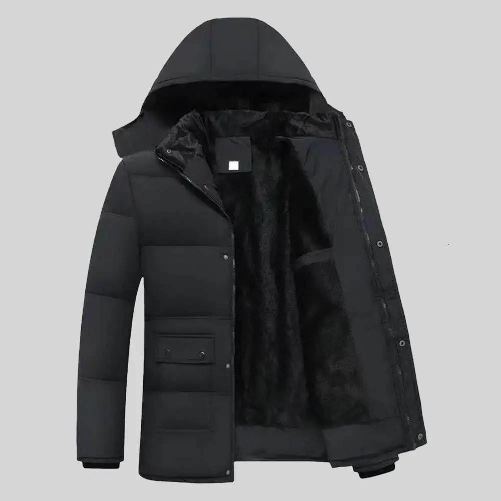 Hooded cotton jacket mens hooded plush lining windproof n long sleeved zipper pocket clre 241212Z