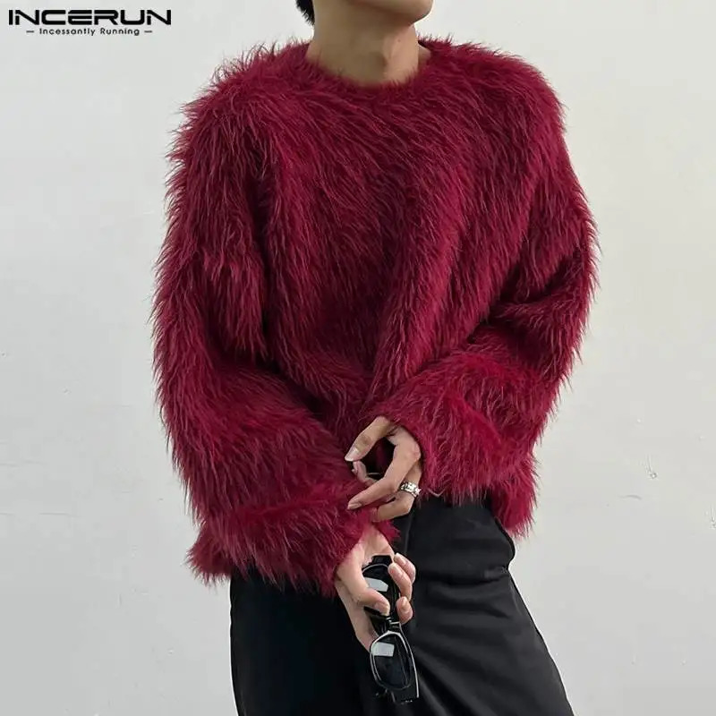 INCERUN mens solid color plush Oneck long sleeved casual streetwear 2024 fashion autumn sweater S5XL 241213Z