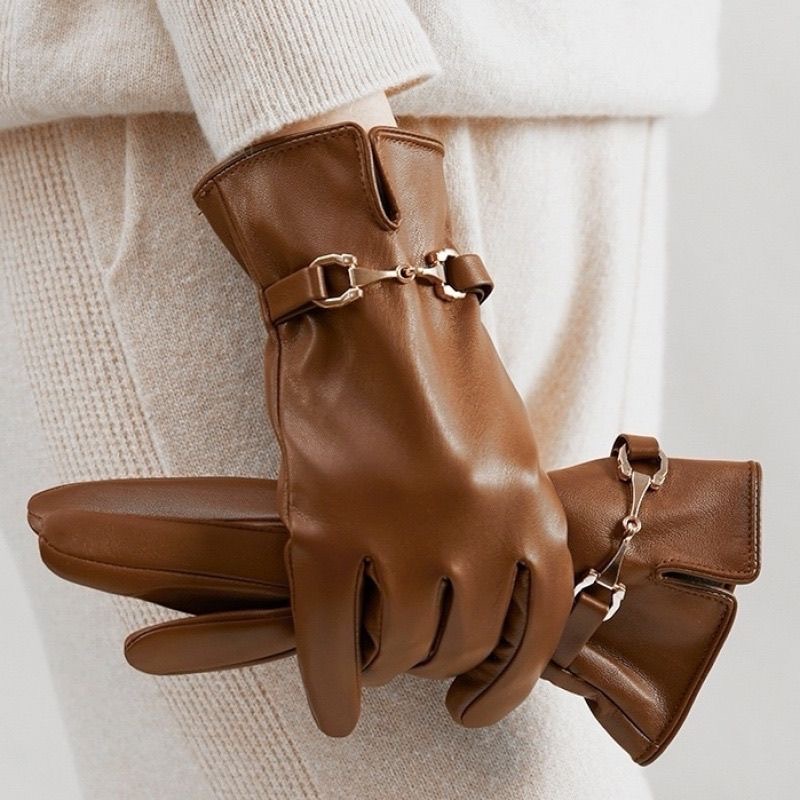 Fashion Chain Women' PU Leather Gloves Winter Warm Plus Velvet Thicken Full Finger Outdoor Riding Touch Screen Driving Mittens gift