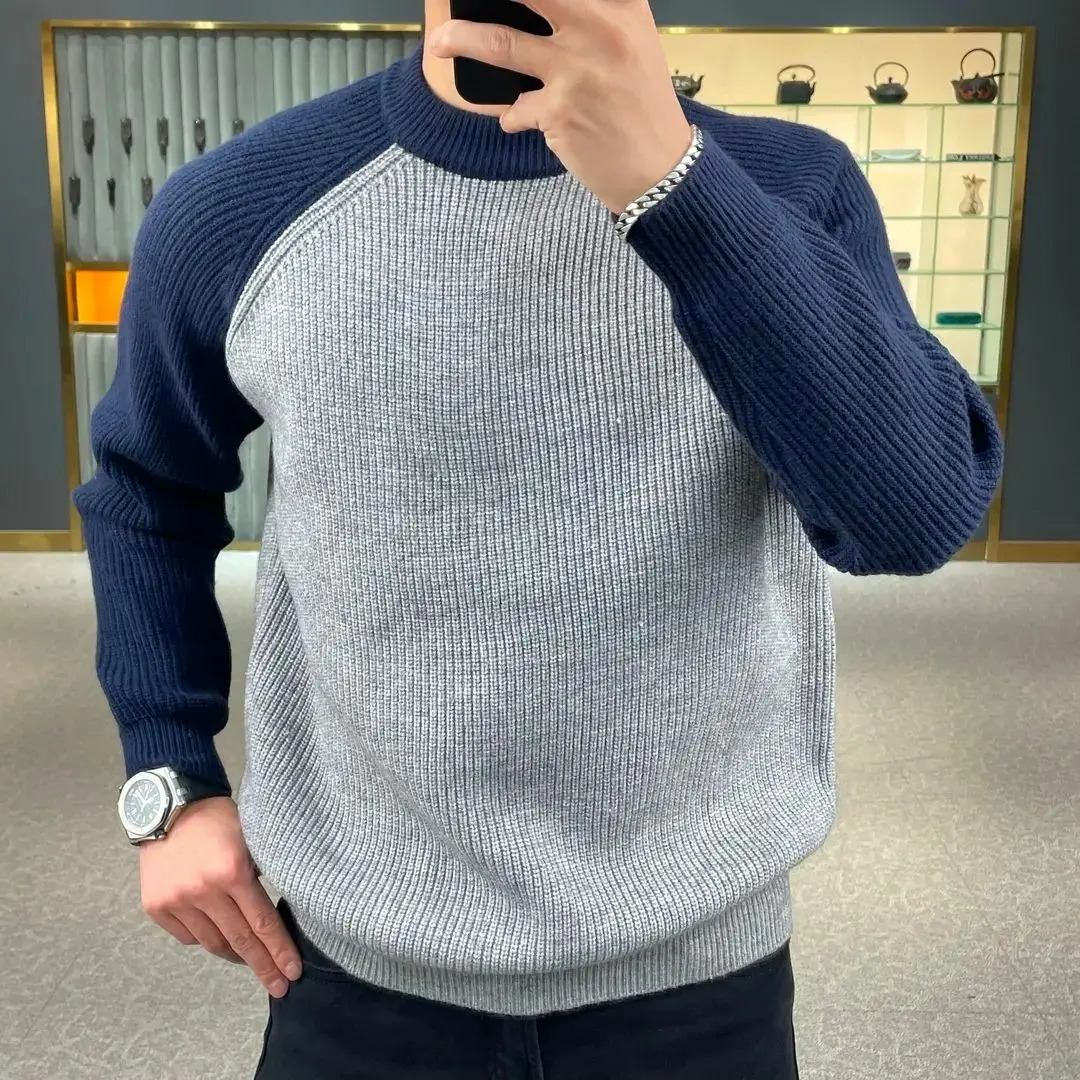 Autumn and winter fashionable warm color blocked pullover sweater loose casual European American mens base 241213Z