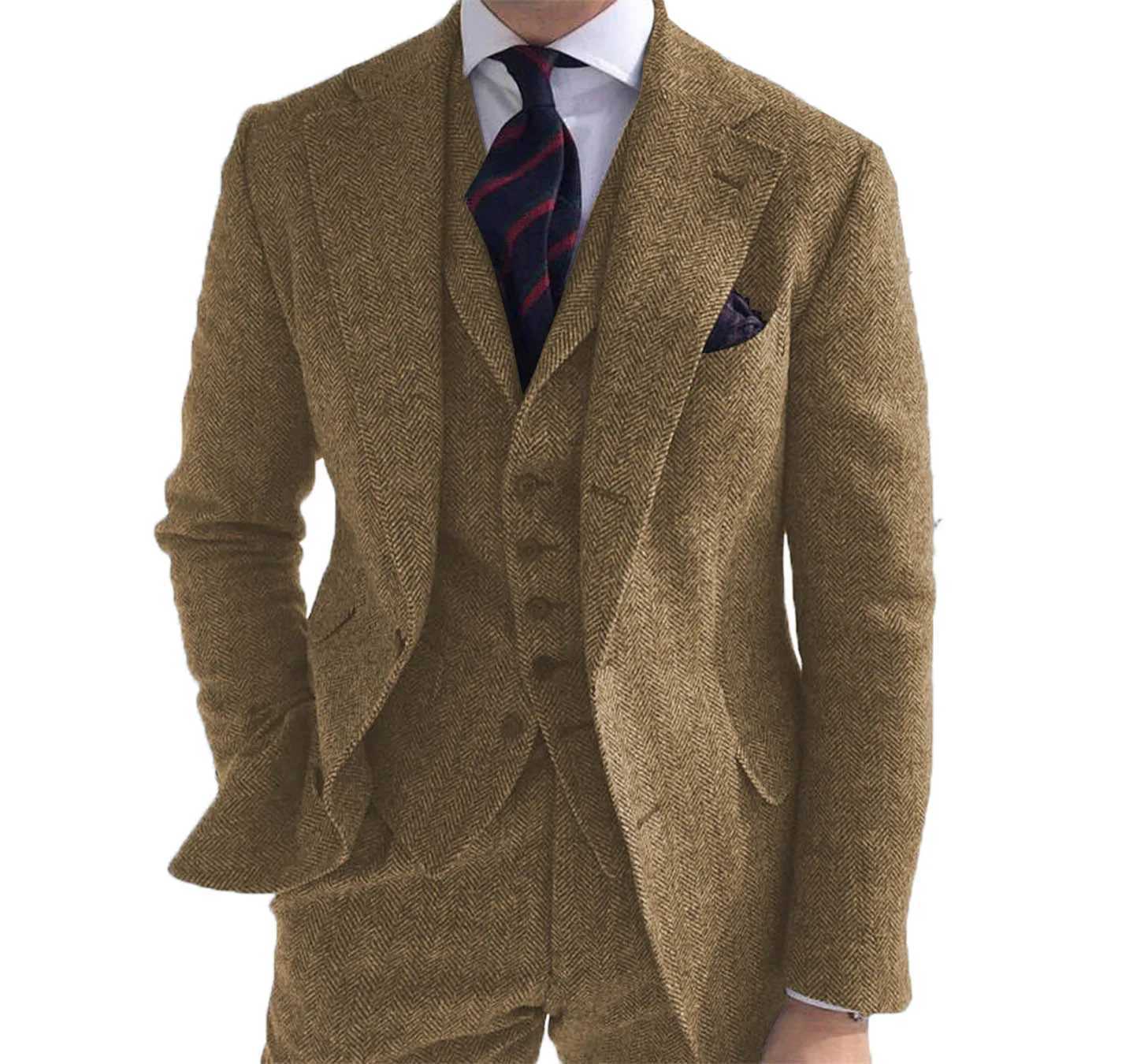 Mens Brown Wool Woker Suit Formal 3 Pieces Slim Fit Shawl Lapel Tweed Prom Tuxedos For Wedding Groomsmen (Blazer+Vest+Pants) W241216