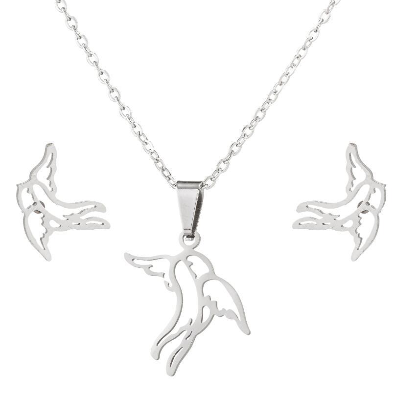 Fashion Women Girls Silver Gold Stainless Steel Round Animal Pendant Earrings Sets Jewelry-image-1040780821