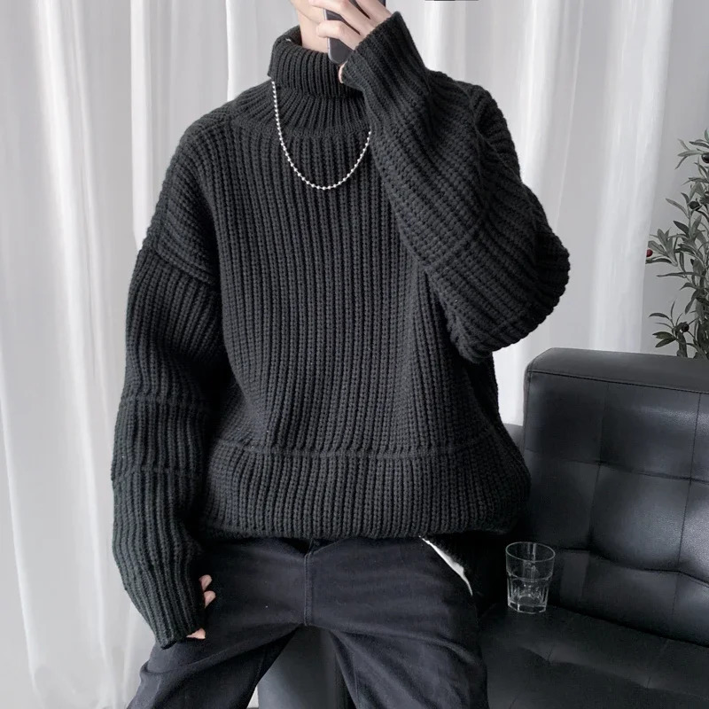 Autumn and winter mens casual turtle neck zipper long sleeved ribbed sweater Korean fashion warm knit 241213Z