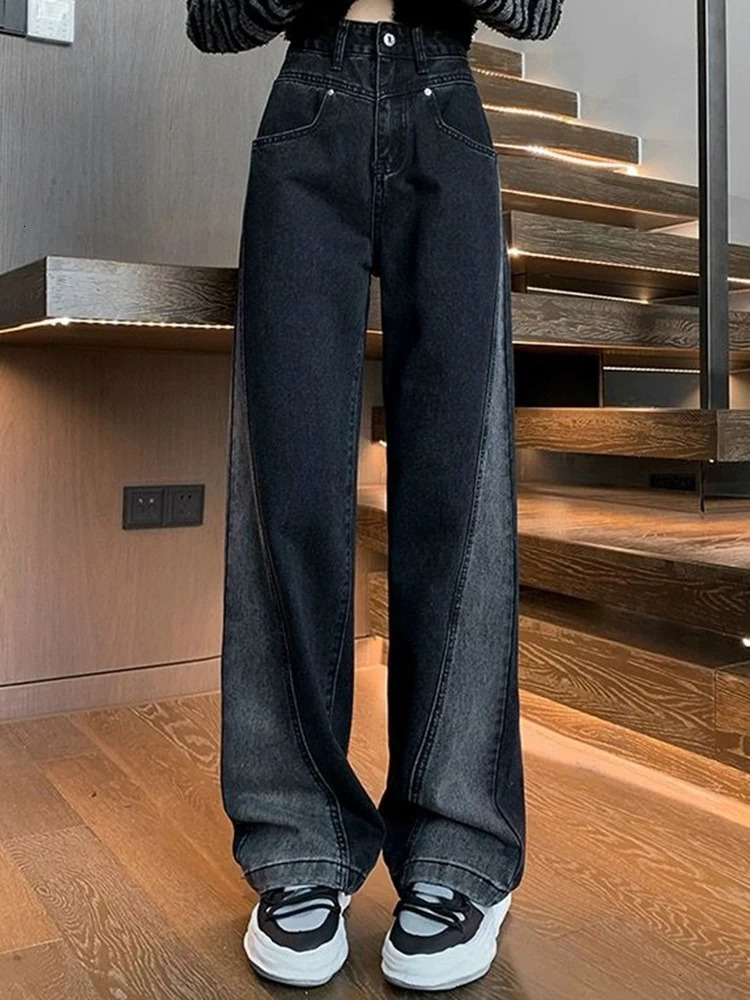 Women's Jeans Woman High Waist Jeans Lady American High Street Patchwork Straight Leg Pants Black Gray Contrast Color Wide Leg Trousers 241216