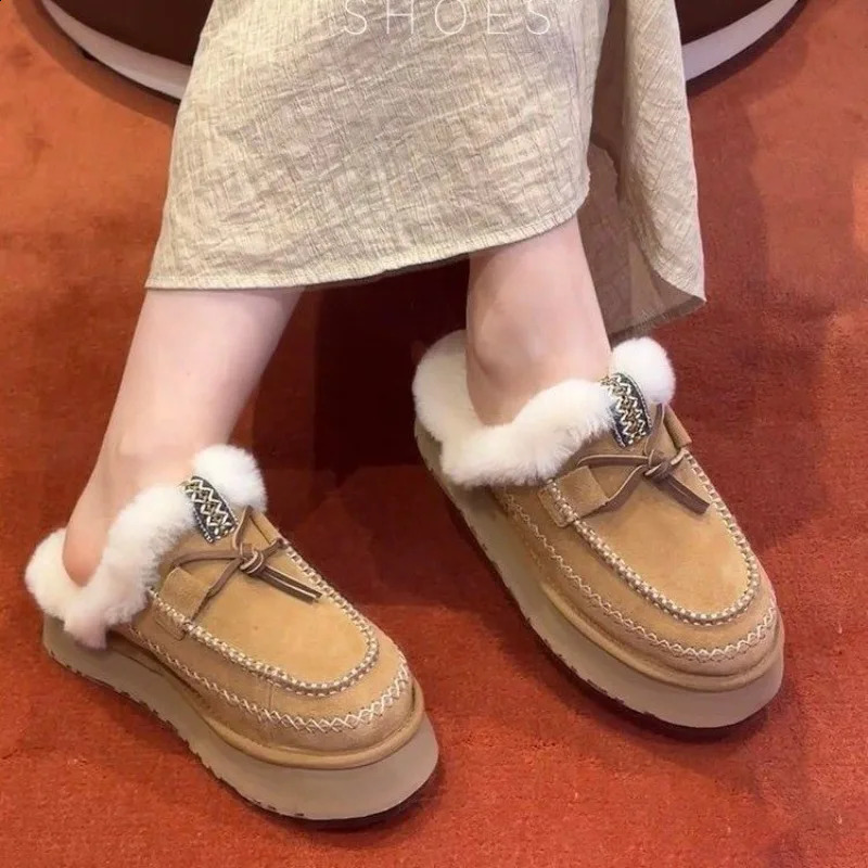 Fur Warm Platform Cotton Slip Womens Mule Shoes Suede Snow Boots Winter Flip Shoes 2025 Trend Ankle Botas Mujer 241213