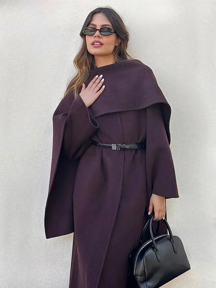 Scarf Collar Solid Color Fashion Women Loose Long Coat Elegant Burgundy Full Sleeve Lace Up Overcoat 2025 Lady Wear 241213Z