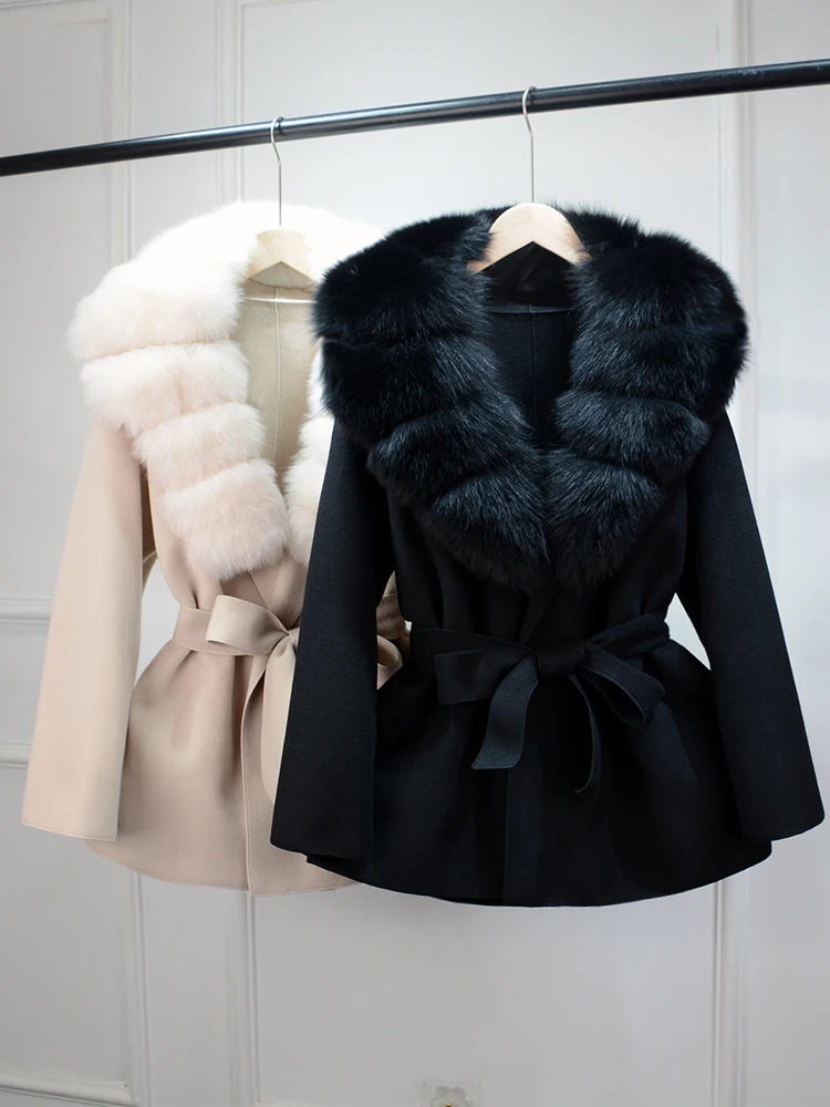 Janveny wool coat womens 2024 autumn and winter cashmere real fur collar elegant belt n jacket 241212Z c2 6e