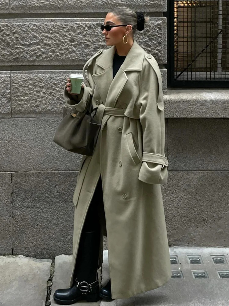 Fashion Solid Double Breasted Oversized Overcoats For Women Elegant Cropped Lace Up Pockets Jackets 2024 Lady Commute Streetwear 241213Z