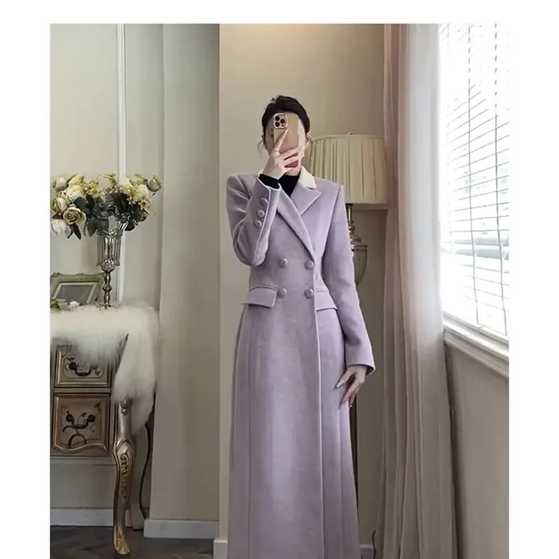 Womens Autumn Winter 2024 Loose Purple Woolen Coat Female Leisure Korean Hepburn Wind Mid Length Version Jacket 241213Z