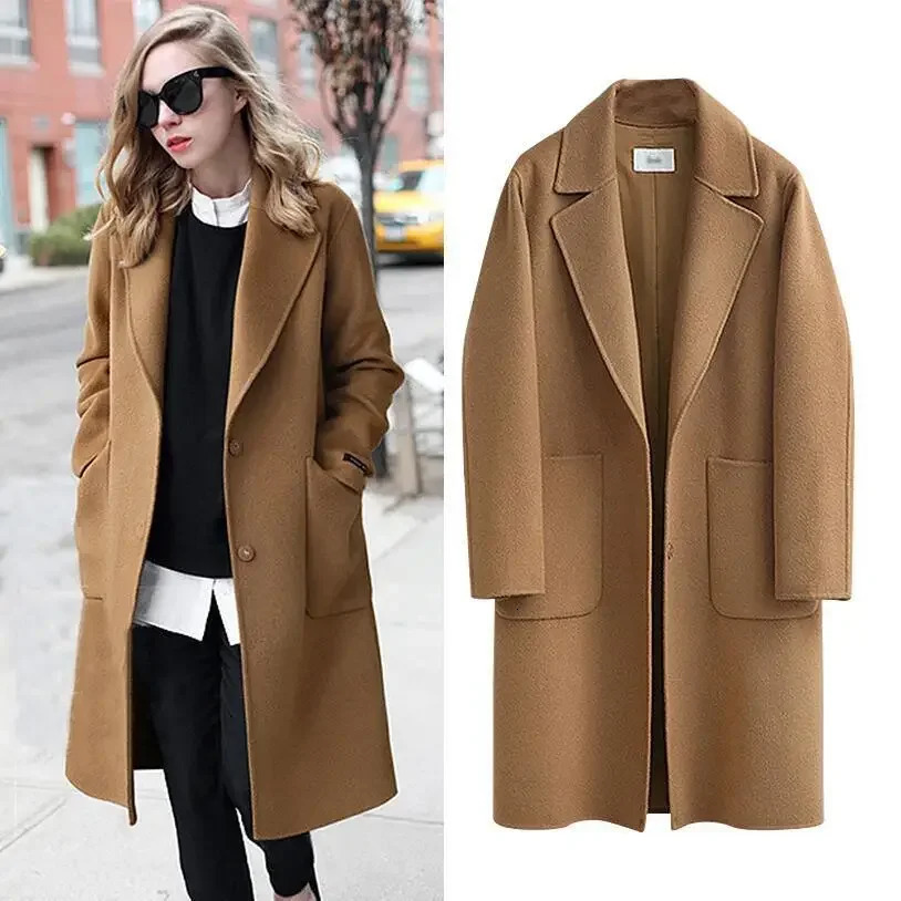 Womens autumn and winter fashionable doublesided wool coat solid color lapel loose button long with pockets 241213Z