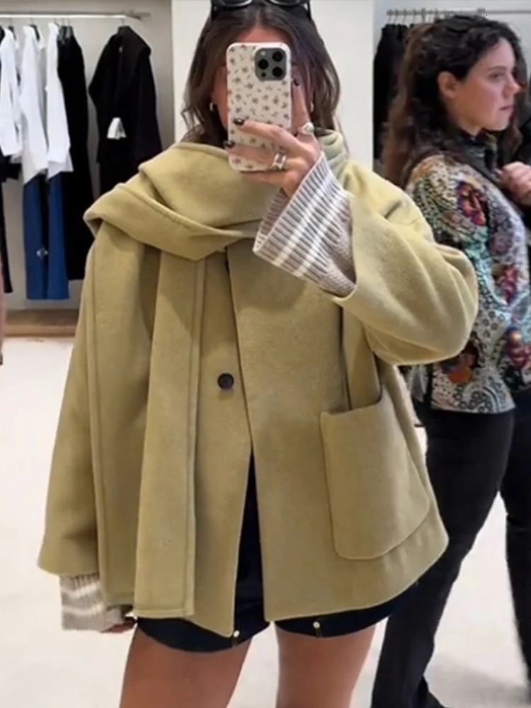 Woolen Scarf Collar Casual Coat Women Single Breasted Elegant Thicken Warm Pocket Loose Solid Jacket Winter Long Sleeve Outwear 241213Z