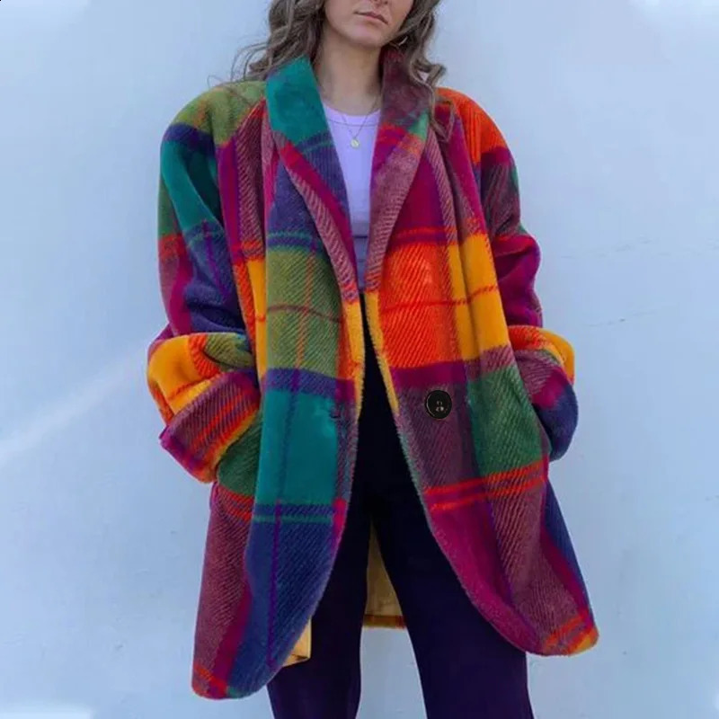 Manteau en laine imprimé à carreaux pour femme, veste à revers à un bouton, Cardigan à manches longues et poches, vêtements d'extérieur pour femm