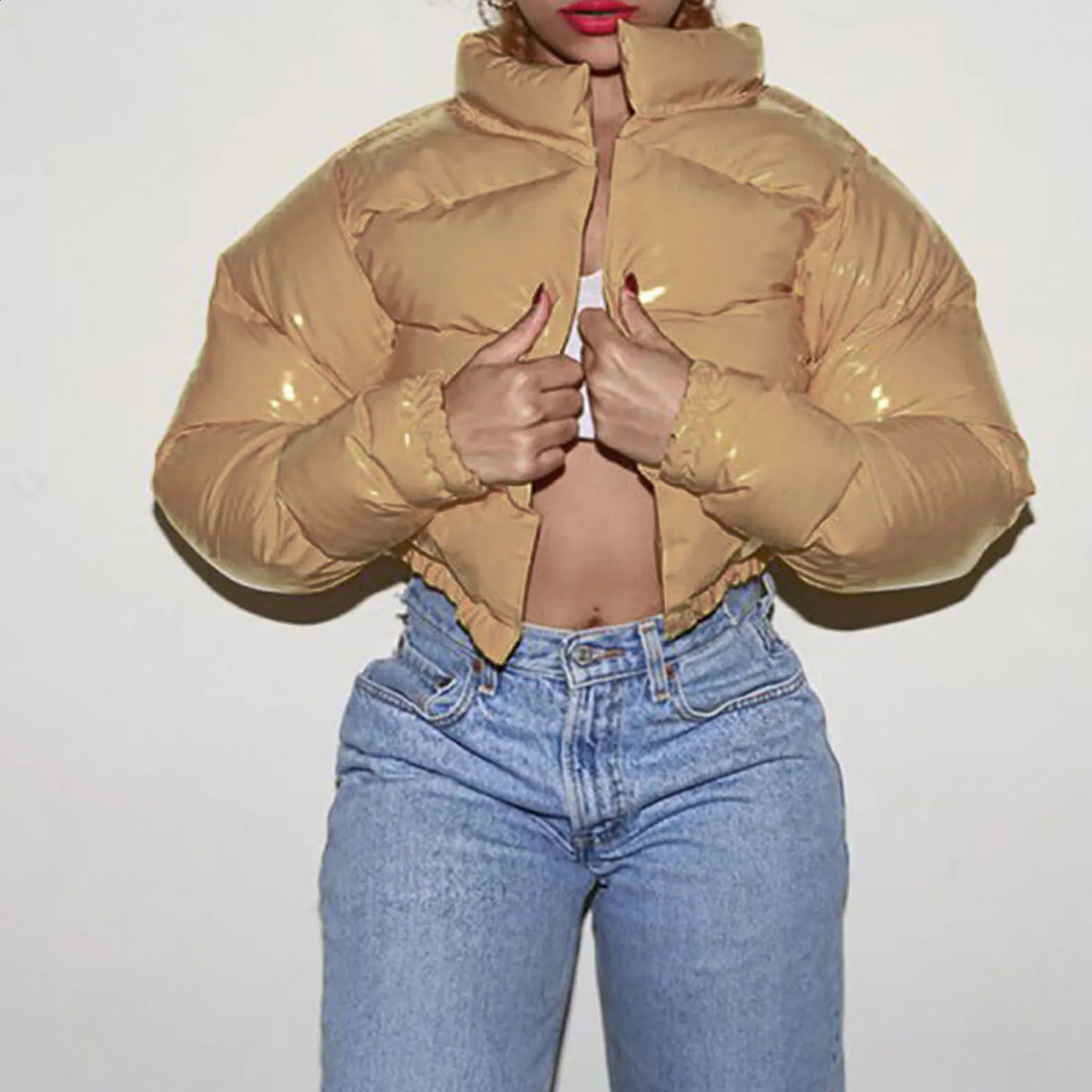 Womens winter cut cotton coat shiny short cotton coat lightweight fluffy jacket solid color casual warm coat jacket 241213