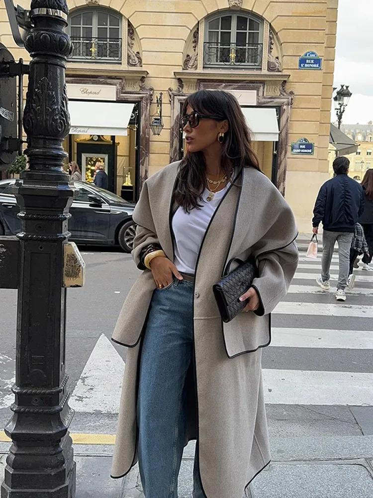 Elegant solid color Vneck womens shawl coat warm single button long sleeved 2024 autumn chic street 241213Z