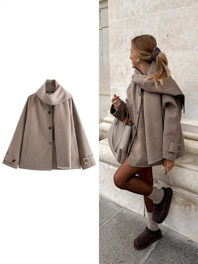 TRAF womens solid color fashionable coarse woolen jacket highend scarf decoration button long sleeved temperature 241213Z