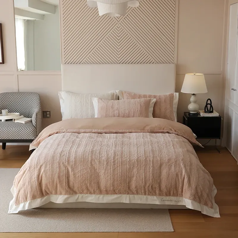 Highend Toscany Faux Fur Liden Ligne de lin Microfibre Coubitre Ensemble de couvre-literie Couix de couette de courtepointe Plein de lit Fleu