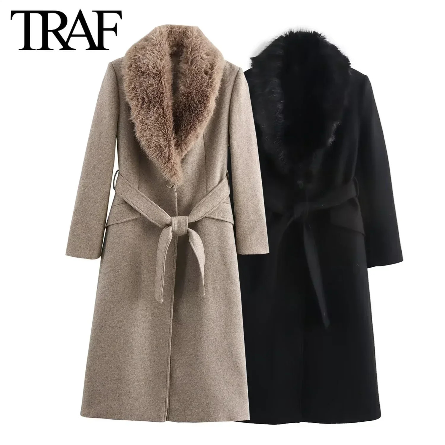 TRAF womens wool coat 2024 winter item detachable faux fur necklace French long fashionable top unprinted good product 241213Z