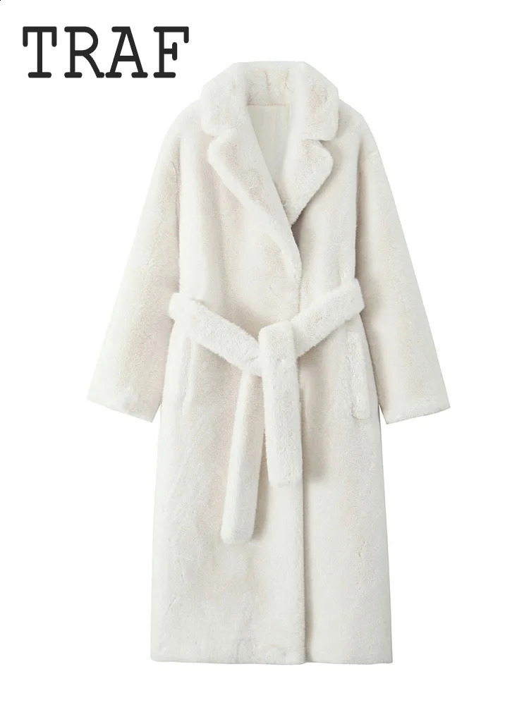 TRAF faux fur effect womens coat 2024 temperature casual white long wool warm and comfortable winter 241213Z
