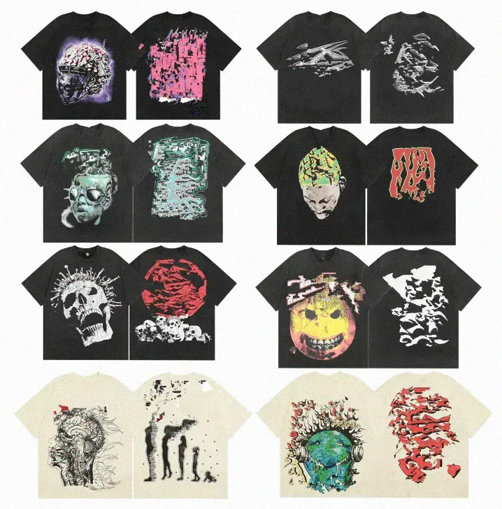 5A New American trendy brand Printed Mens tees High street fashion creative T-shirt fun gaze eyes printed double yarn pure cotton casual short sl