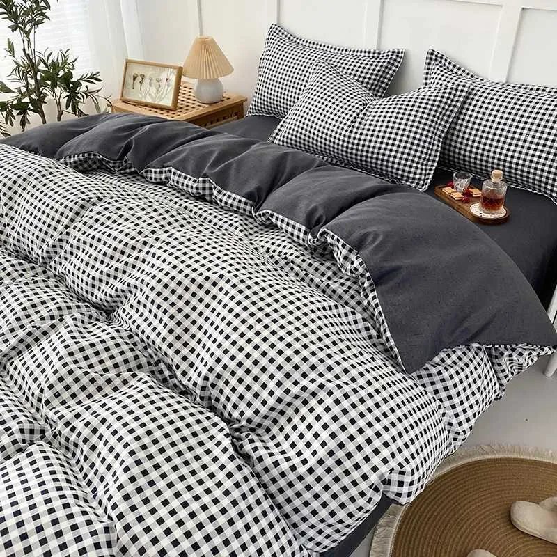 Black White Small Checks Printed Bed Set Floral Duvet Cover case Bedding Set Bed Sheet Quilt Cover Single Queen King SizeC241207-image-1038365081