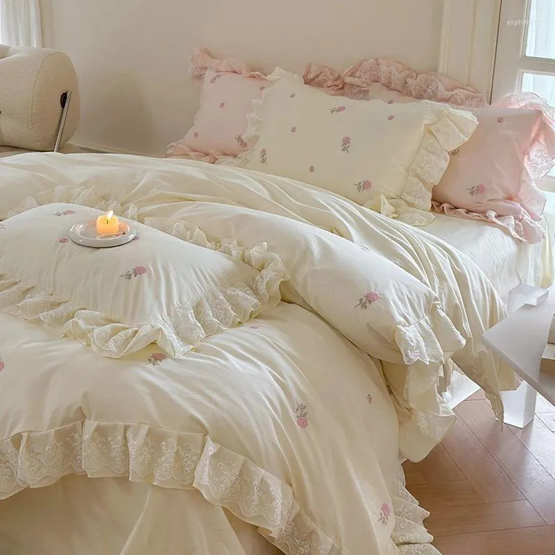 Bedding Sets Super Soft Beige Washed Cotton Set Luxury Rose Flowers Embroidery Lace Duvet Cover Bed Sheets Mattress Pillowcases-image-1038368199