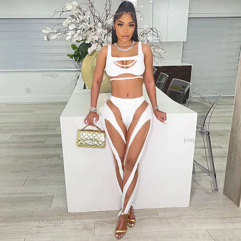 Women's Two Piece Pants Summer Sheer Mesh Patchwork 2 Piece Set Women Sexy Cut Out Tank Crop Top Pants Suits Club Outfit Tracksuit Women Sport