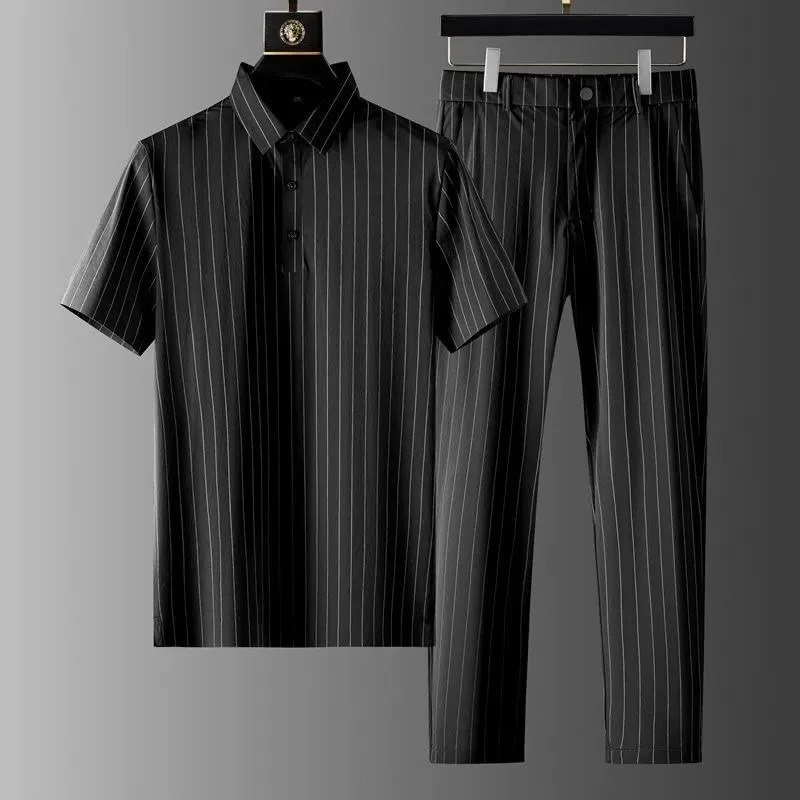 2024 Summer Fashion Striped Ice Silk Suit Mens Casual Relaxed Comfortable Breathable High Quality PlusSize TwoPiece Set 241218