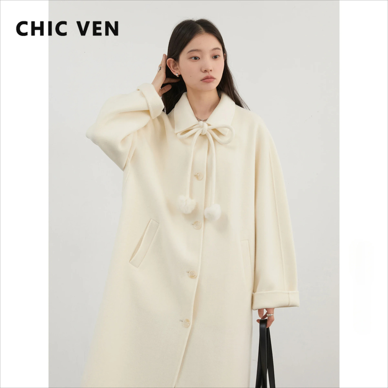 CHIC VEN Korean Womens Wool Coat White Loose Solid Single Breasted Female Long Doublesided Overcoat Autumn Winter 2024 241213Z