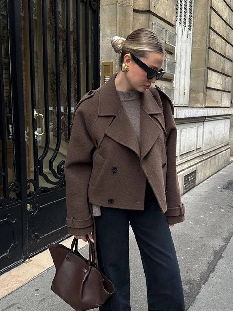Chic Short Solid Woolen Coat For Women Elegant Lapel Doublebreasted Long Sleeve Coats 2024 Autumn Lady Warm High Street Outwear 241219Z