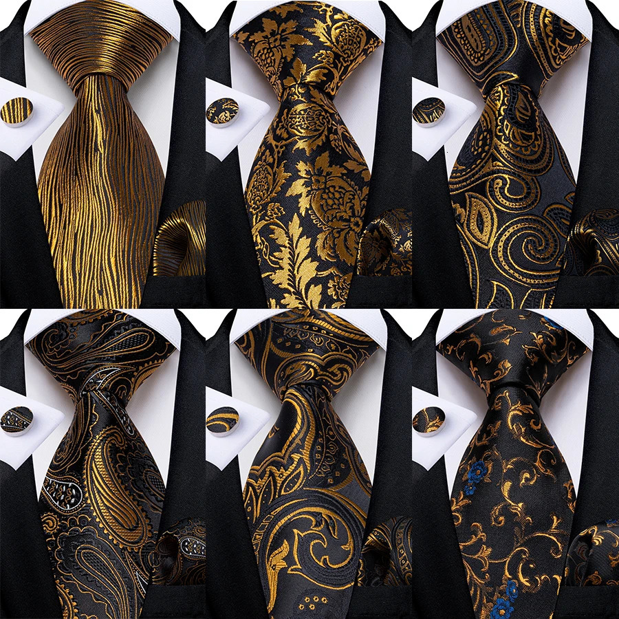 Black Gold Paisley Striped Floral Silk Mens Tie Set Handkerchief Cufflinks Wedding Party Accessories Groom Gift for Men 241219