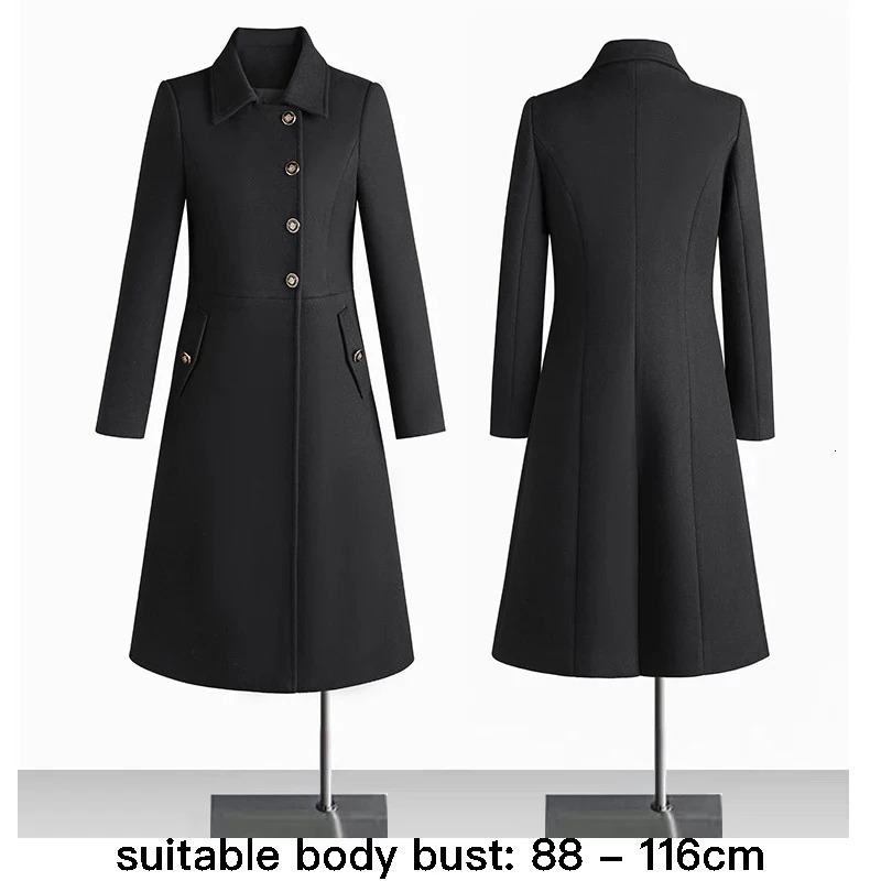 High quality wool blend long windbreaker suitable for women large size single corset winter 2023 elegant clothes black gray blue 241213Z
