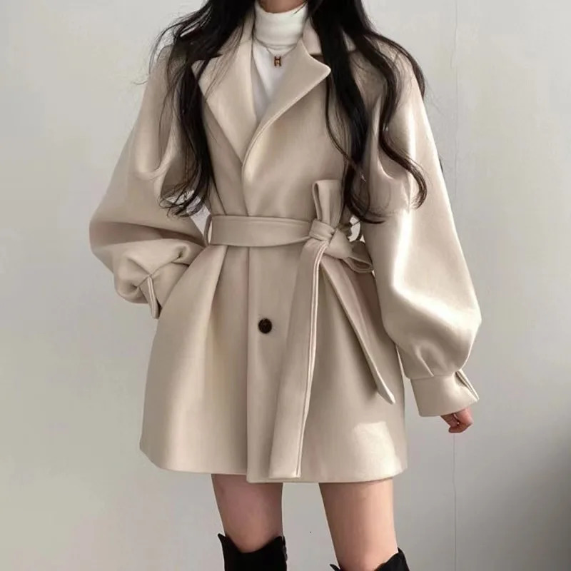 Womens wool coat winter collar belt lantern sleeves solid color womens direct GZBH2145 241213Z