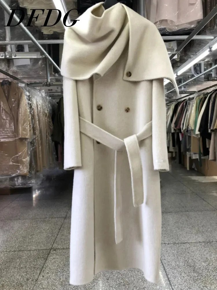 DFDG cashmere wool coat fashion scarf collar long doublelayer corset 2024 autumnwinter womens clothing 241213Z