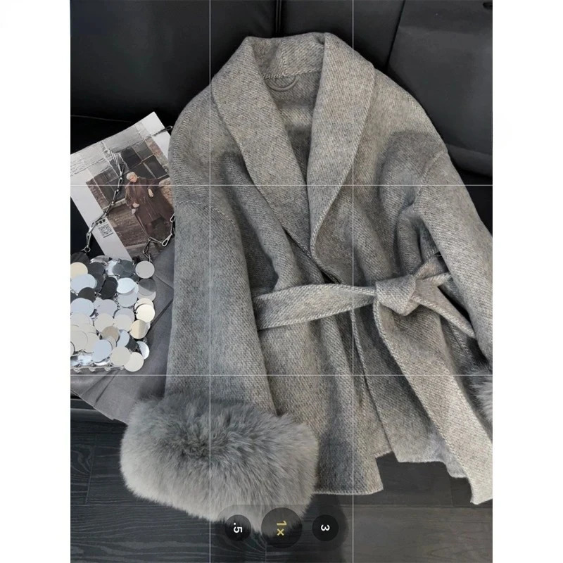 Wool and blend coat womens faux fur long sleeved office trench winter clothing gray top retro streetwear 241213Z