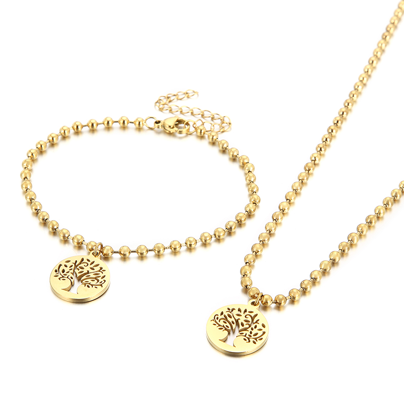 Fashion Women Girls Silver Gold Stainless Steel Round Bead Bracelet Pendant Earrings Sets Jewelry Christmas Gift-image-1038573568