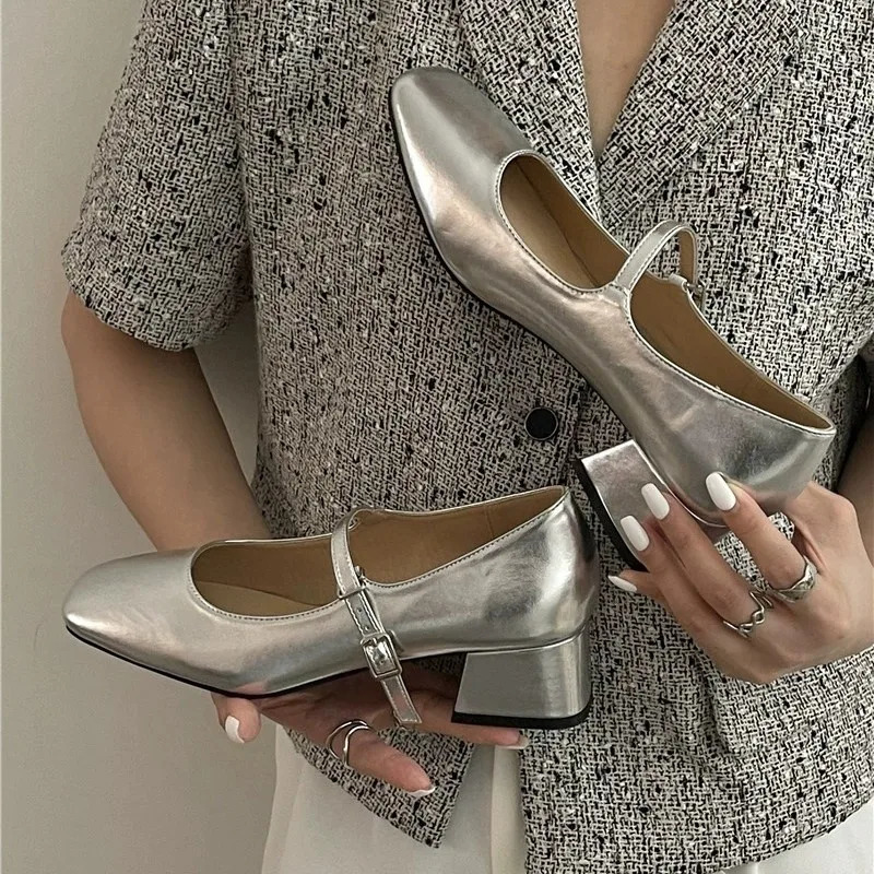 Comemore Silver Shoes for Womens Chunky Heel Mary Jane Shoe 2024 Autumn Low Heel Leather High-heeled Sandals Pumps 241220