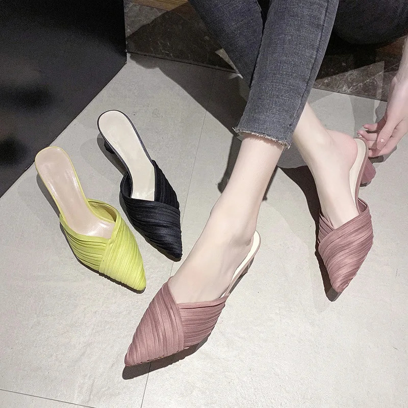 Female Shoes Slippers Women Summer Square heel Pointed Toe Low Slides 2024 Block Cover er Rome Fashion Cotton Fabri 241220