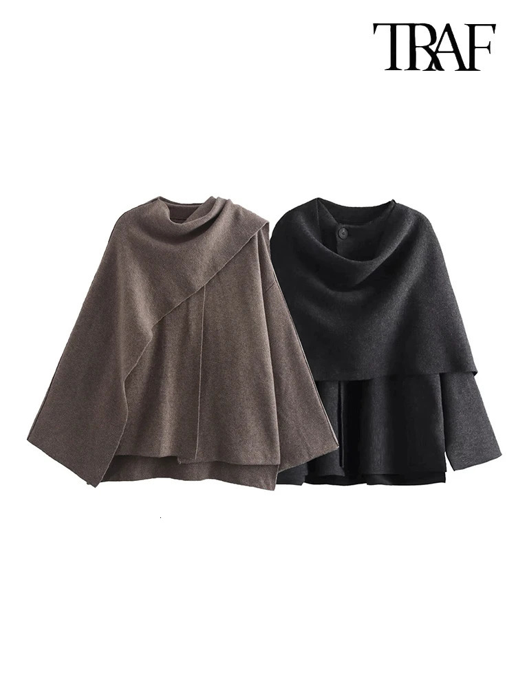 TRAF womens fashionable autumn and winter chic scarf jacket long sleeved knitted asymmetrical sexy split hem loose short 241212Z