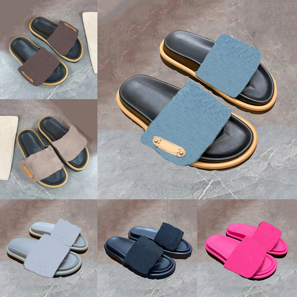 Designer Slipper Denim Pillow Slides Summer Sandals Fashion Men Women Embossed Flat Front Padded Beach Slippers Platform Classic Sliders Sliop On-image-947120535
