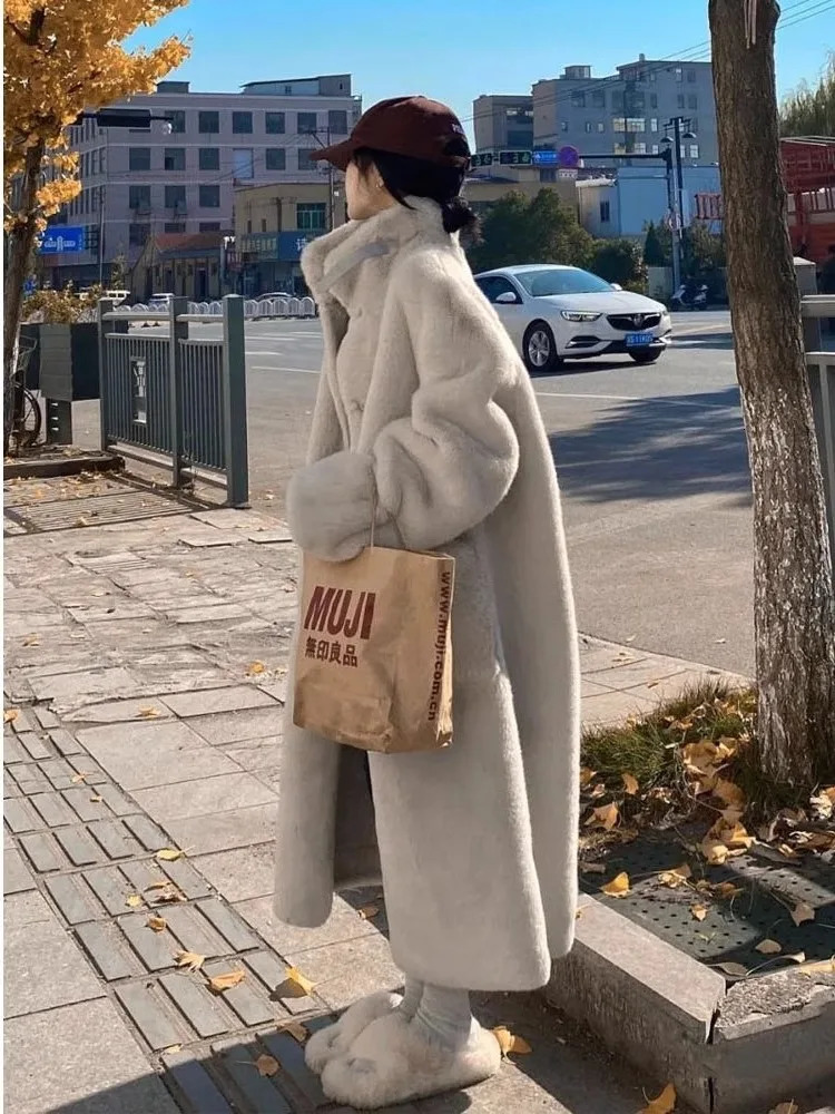 Winter Women 2024 Korean Solid Woolen Coat Loose Thick Warm Plus Size Female Mandarin Collar Plush Casual Coats 241212Z