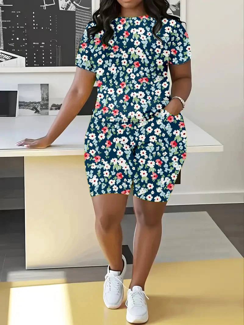 Plus Size Summer Womens Fashion Set Casual Loose Floral Element Print Thin Round Neck Short Sleeved Shorts 241219
