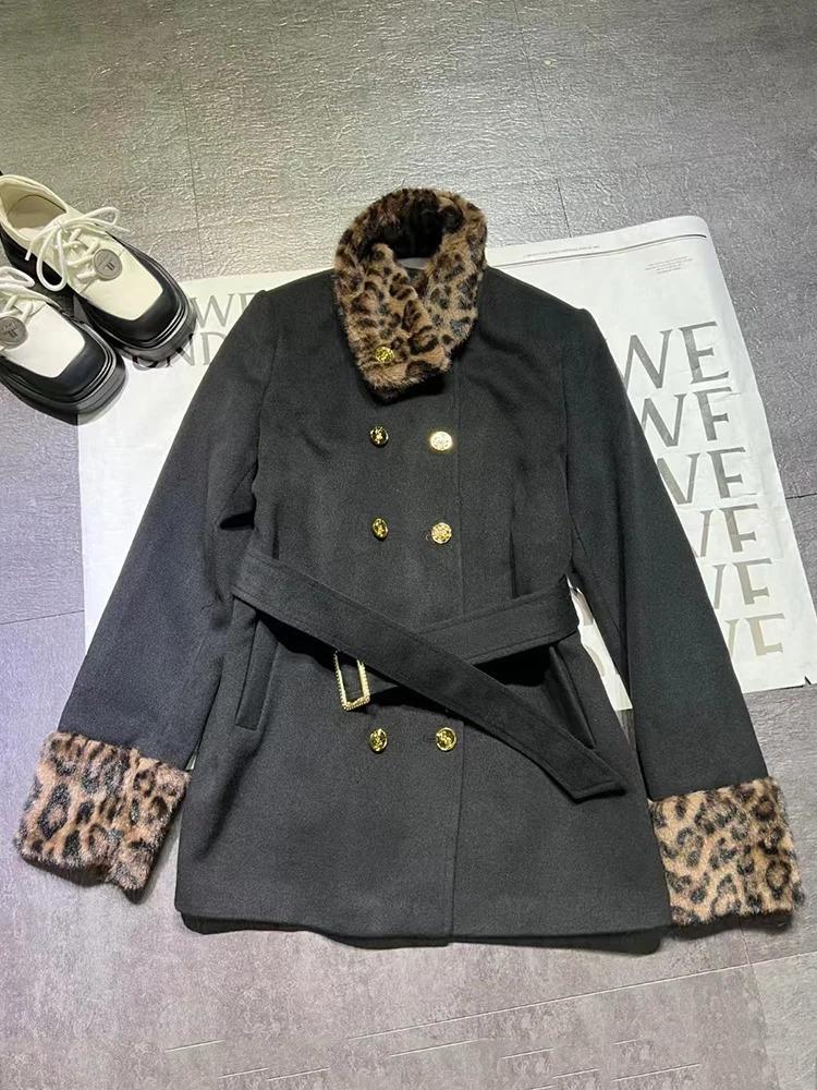 Retro patchwork leopard print collar n double chest lace wool coat 2024 autumn womens fashion jacket 241212Z