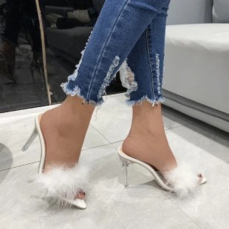 Summer High-heeled Plus Size Sandals and Slippers Women Fine-heeled Suede Furry Pointed Toe Fashion Womens Shoes 241220