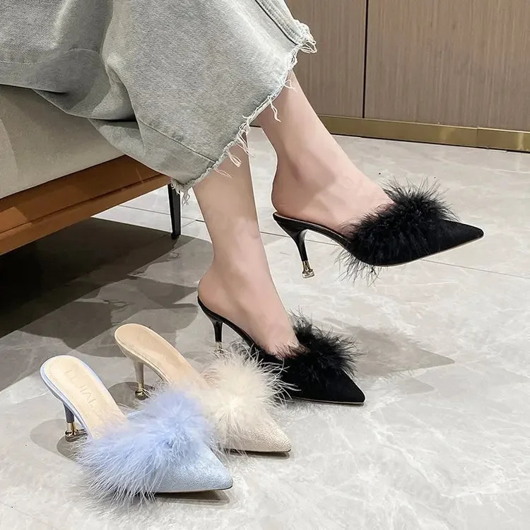 Winter Women Fur Slippers Warm Mules Shoes Casual Mid Heel Pumps 2024 Pointed Toe Plush Flip Flops Cotton Shoes Plus Size 42 241220